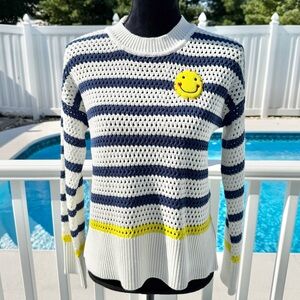 Kerri Rosenthal Crew Neck Sweater Nautical Stripe Embroidered Smiley Face NEW XS